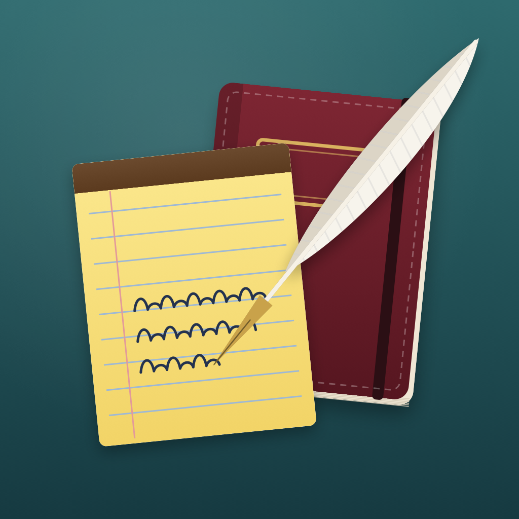 Plotwright Icon - A closed journal under a yellow paper pad and a quill pen. The paper pad has writing on it.